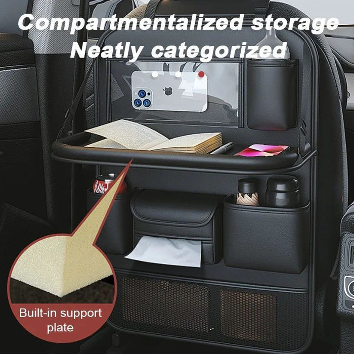 Car Seat Storage Bag Auto Back Seat Back Organizer With Foldable Table Tray PU Leather Tablet Holder Tissue Box Car Accessories Car Organizers